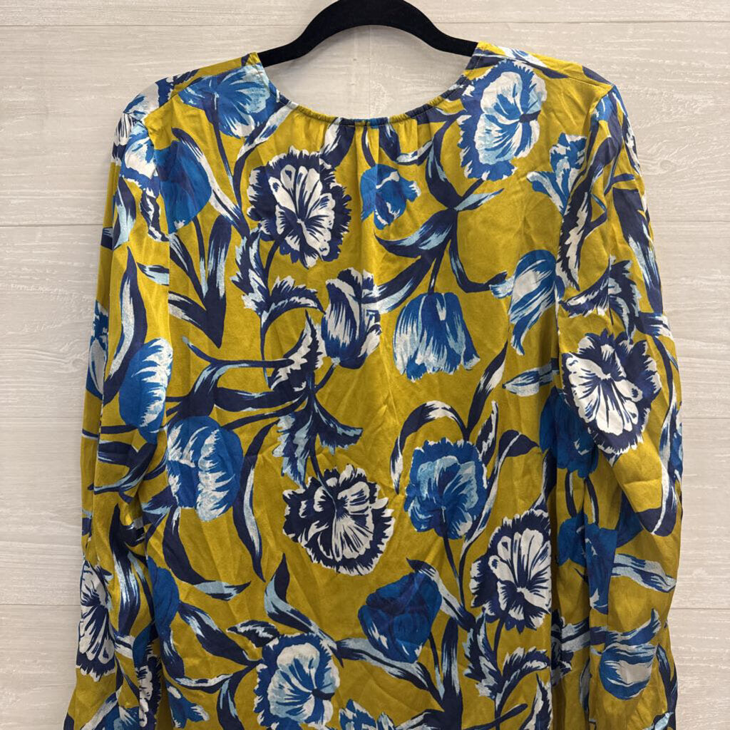 Ecru Green/ Blue Floral Print Long Sleeve Button Front Top Large
