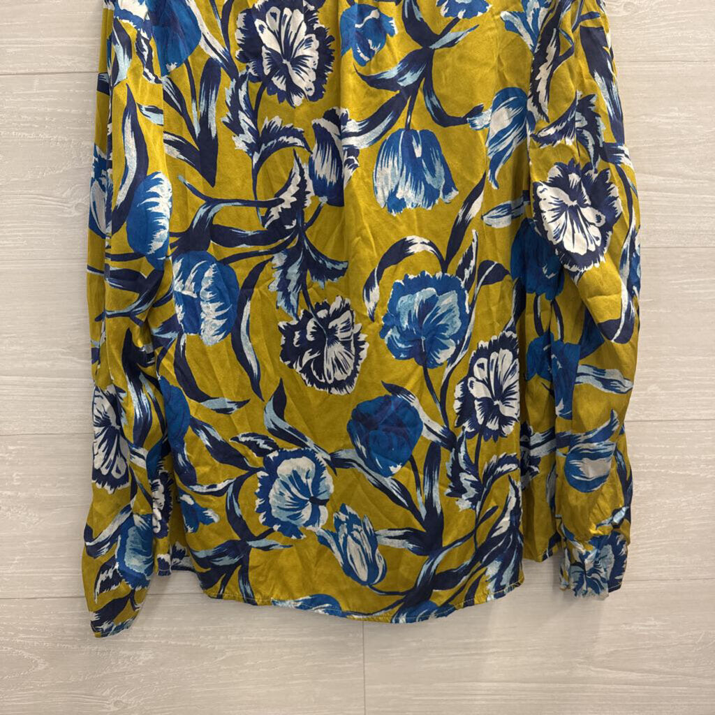 Ecru Green/ Blue Floral Print Long Sleeve Button Front Top Large
