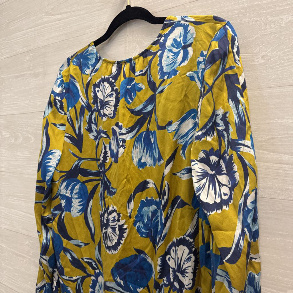 Ecru Green/ Blue Floral Print Long Sleeve Button Front Top Large