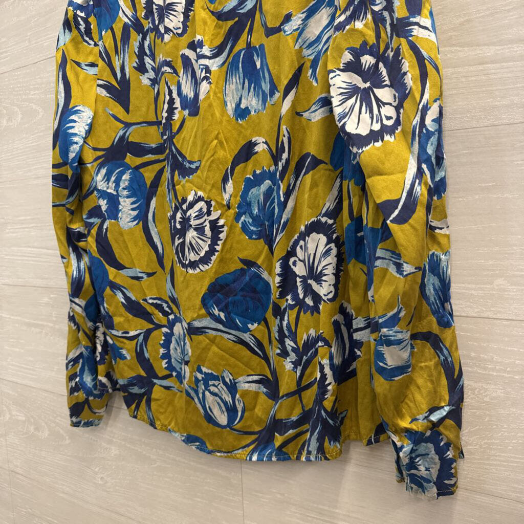 Ecru Green/ Blue Floral Print Long Sleeve Button Front Top Large