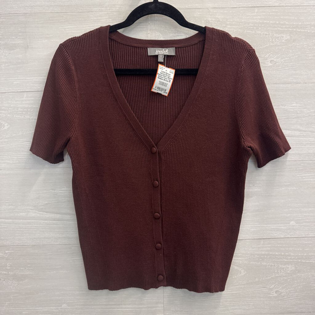 Marled Brown Ribbed Short Sleeve Button Front Top Medium