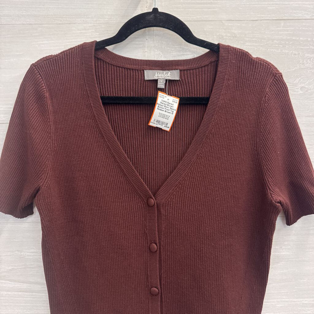 Marled Brown Ribbed Short Sleeve Button Front Top Medium