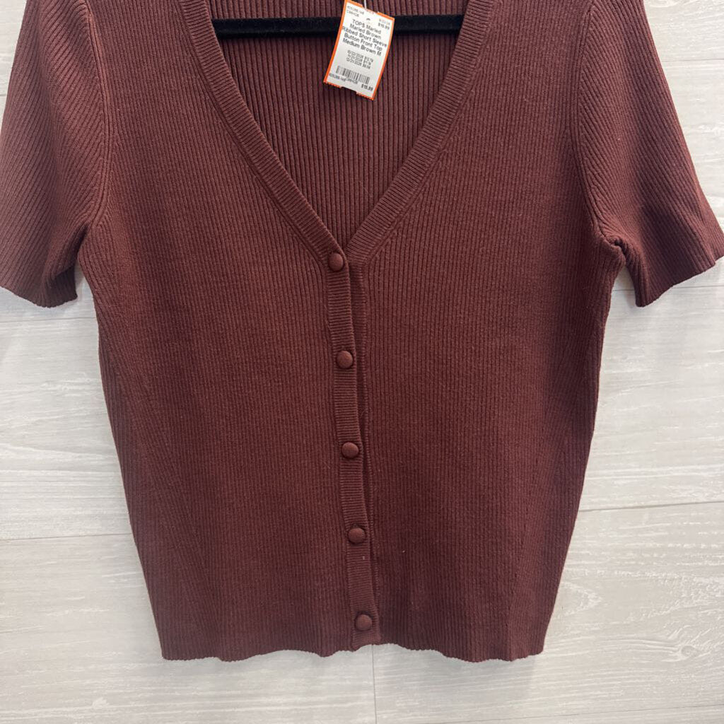 Marled Brown Ribbed Short Sleeve Button Front Top Medium