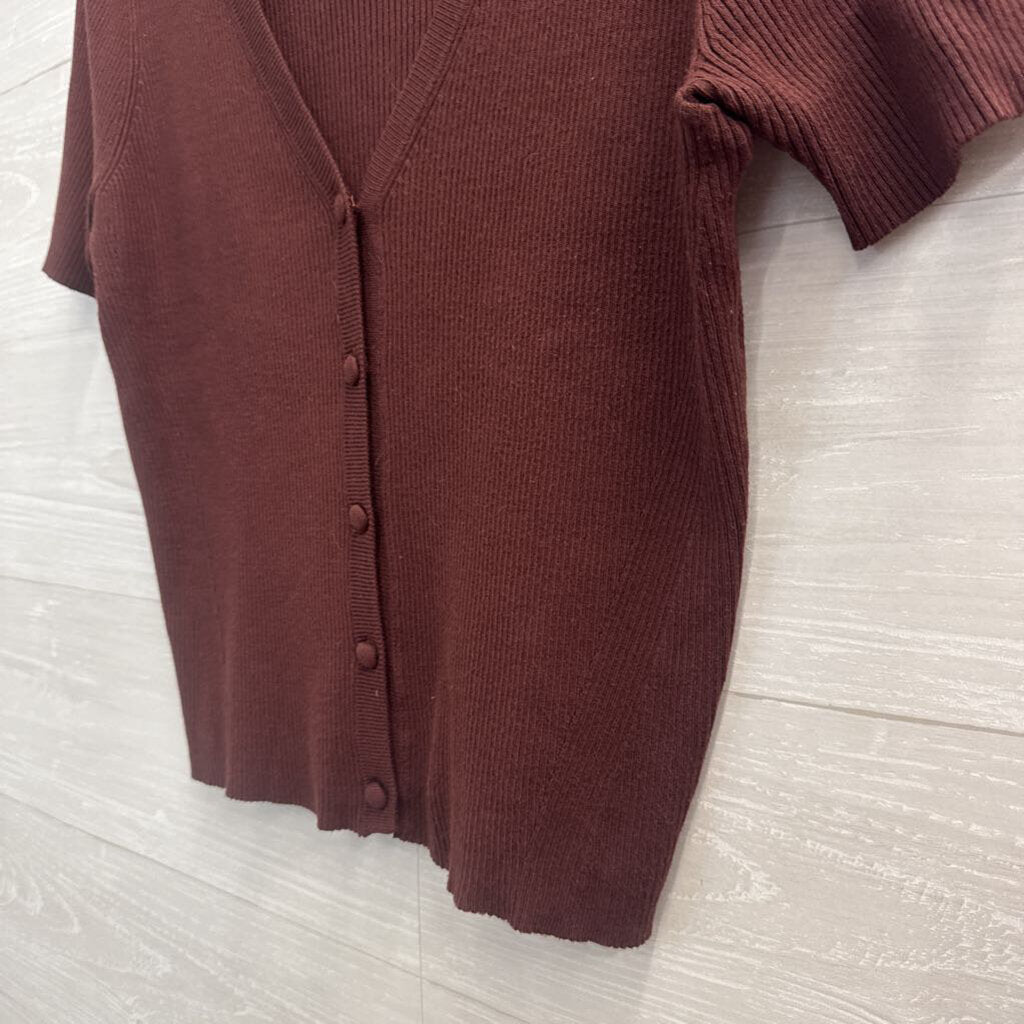 Marled Brown Ribbed Short Sleeve Button Front Top Medium