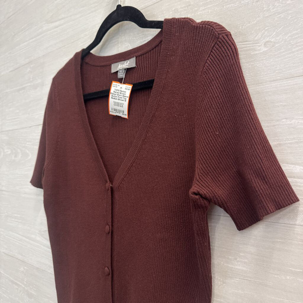 Marled Brown Ribbed Short Sleeve Button Front Top Medium