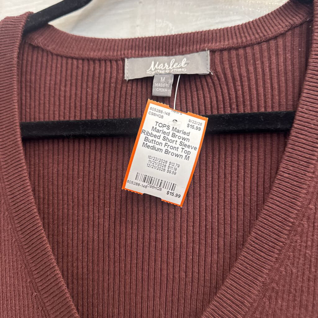 Marled Brown Ribbed Short Sleeve Button Front Top Medium
