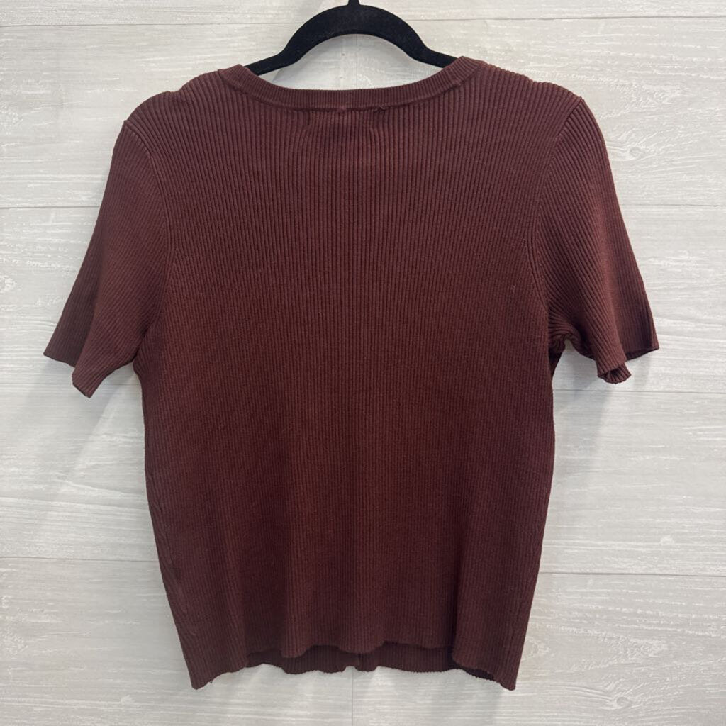 Marled Brown Ribbed Short Sleeve Button Front Top Medium