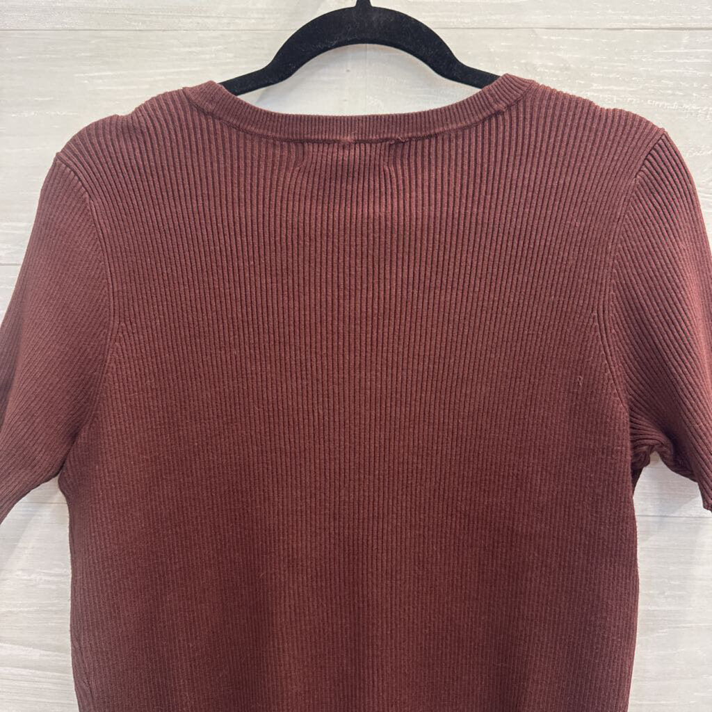 Marled Brown Ribbed Short Sleeve Button Front Top Medium