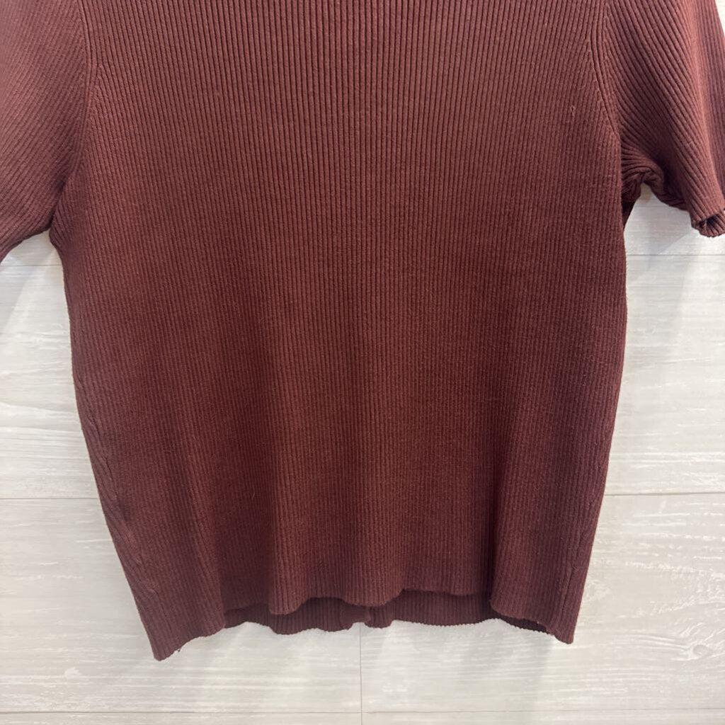 Marled Brown Ribbed Short Sleeve Button Front Top Medium