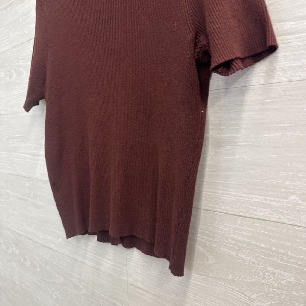 Marled Brown Ribbed Short Sleeve Button Front Top Medium