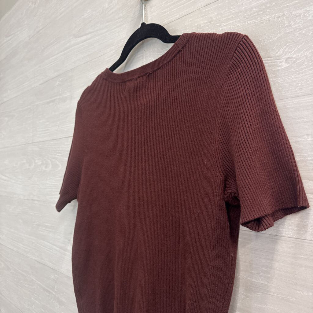 Marled Brown Ribbed Short Sleeve Button Front Top Medium