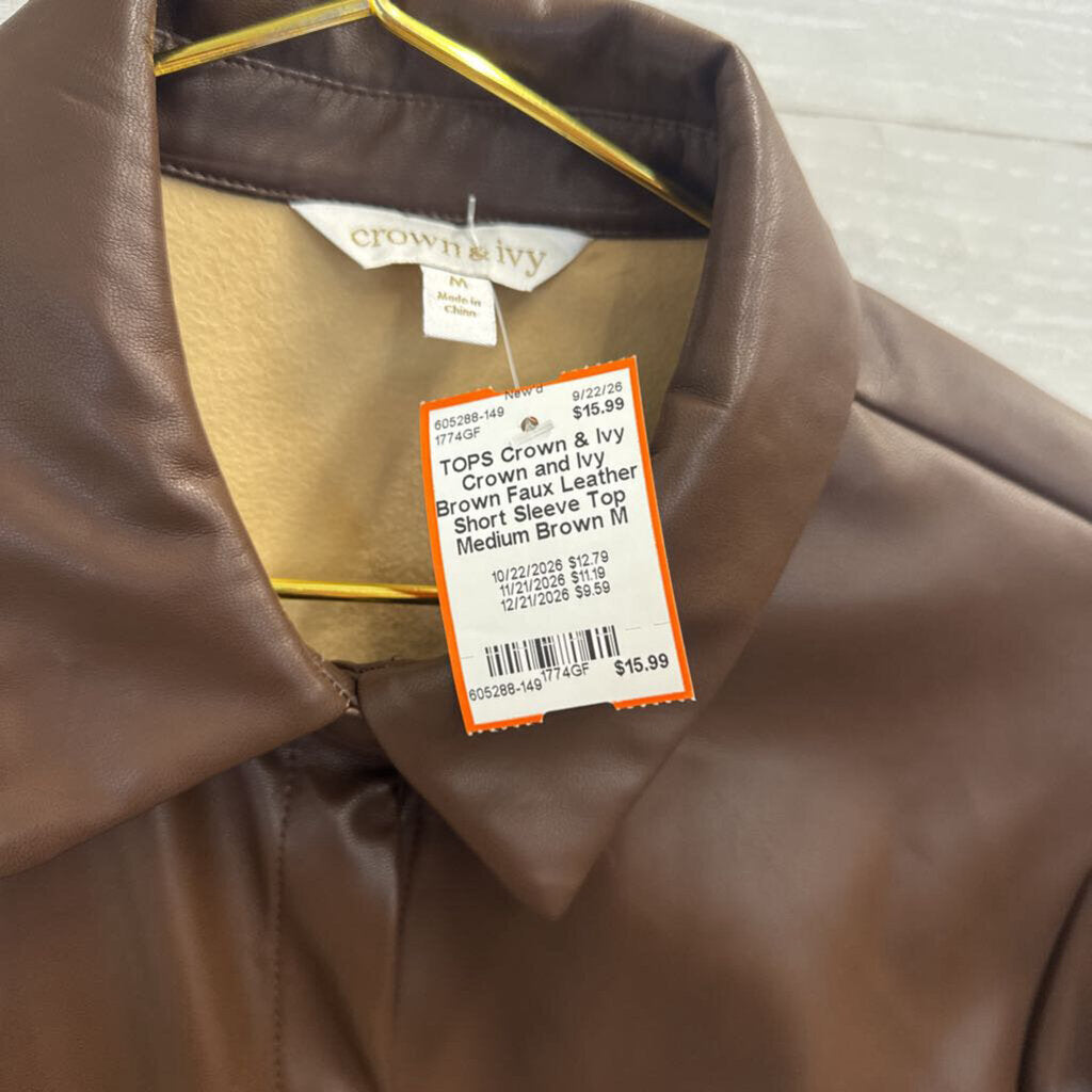 Crown and Ivy Brown Faux Leather Short Sleeve Top Medium