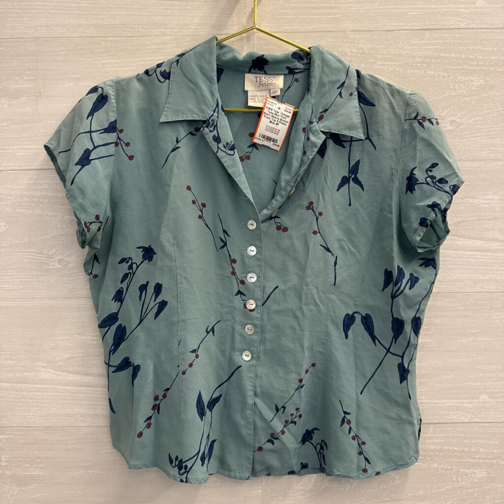 Vintage Tess Blue Print Short Sleeve Button Front Top 8 Petite