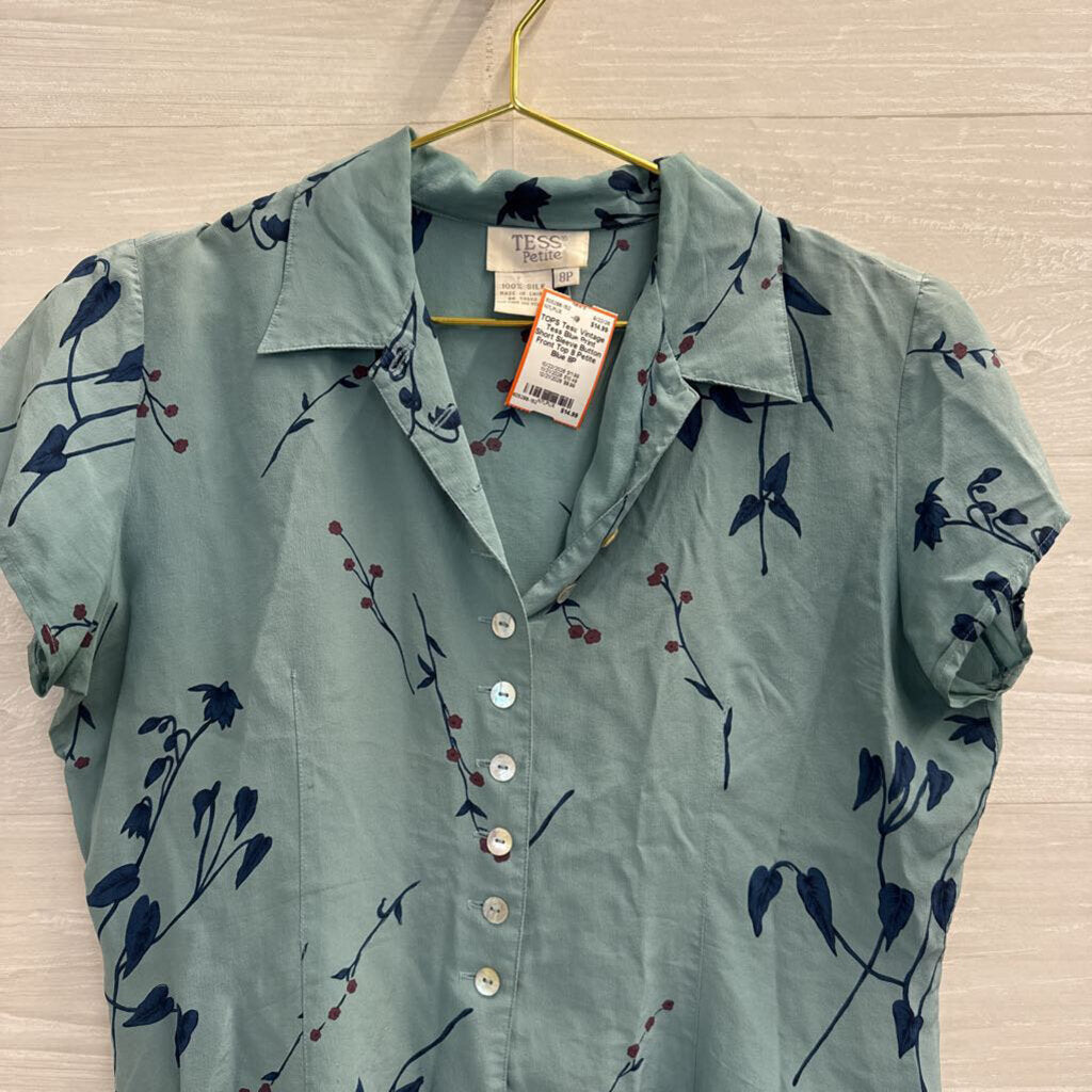 Vintage Tess Blue Print Short Sleeve Button Front Top 8 Petite