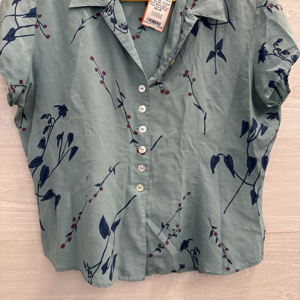 Vintage Tess Blue Print Short Sleeve Button Front Top 8 Petite