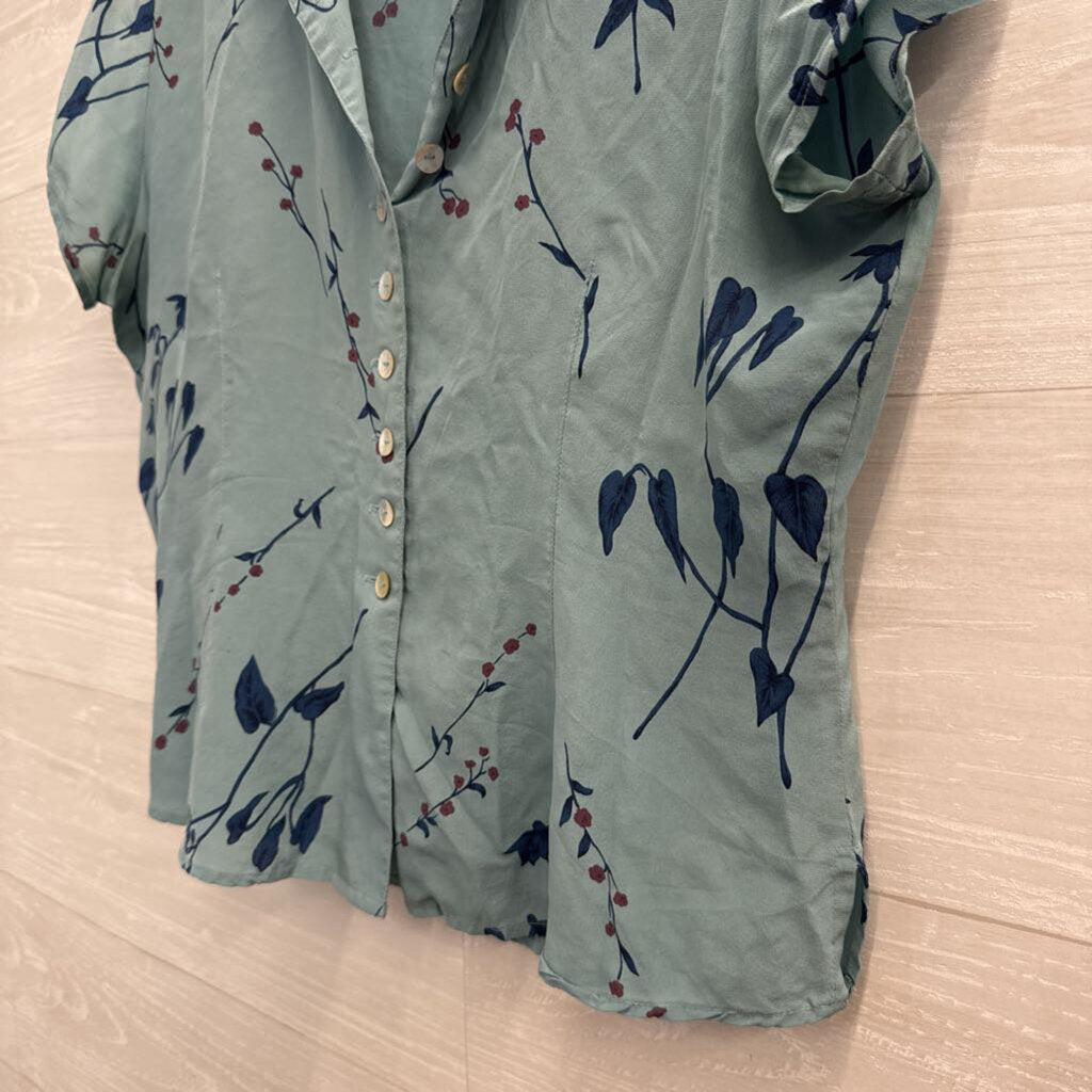 Vintage Tess Blue Print Short Sleeve Button Front Top 8 Petite