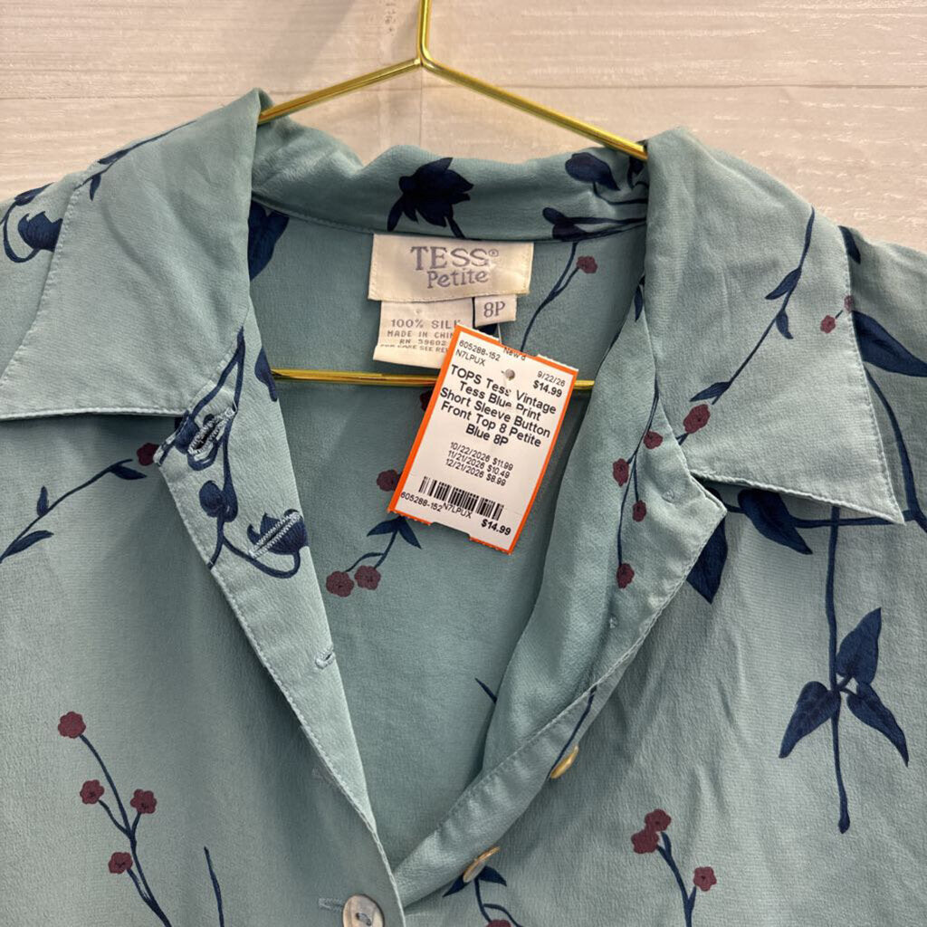 Vintage Tess Blue Print Short Sleeve Button Front Top 8 Petite