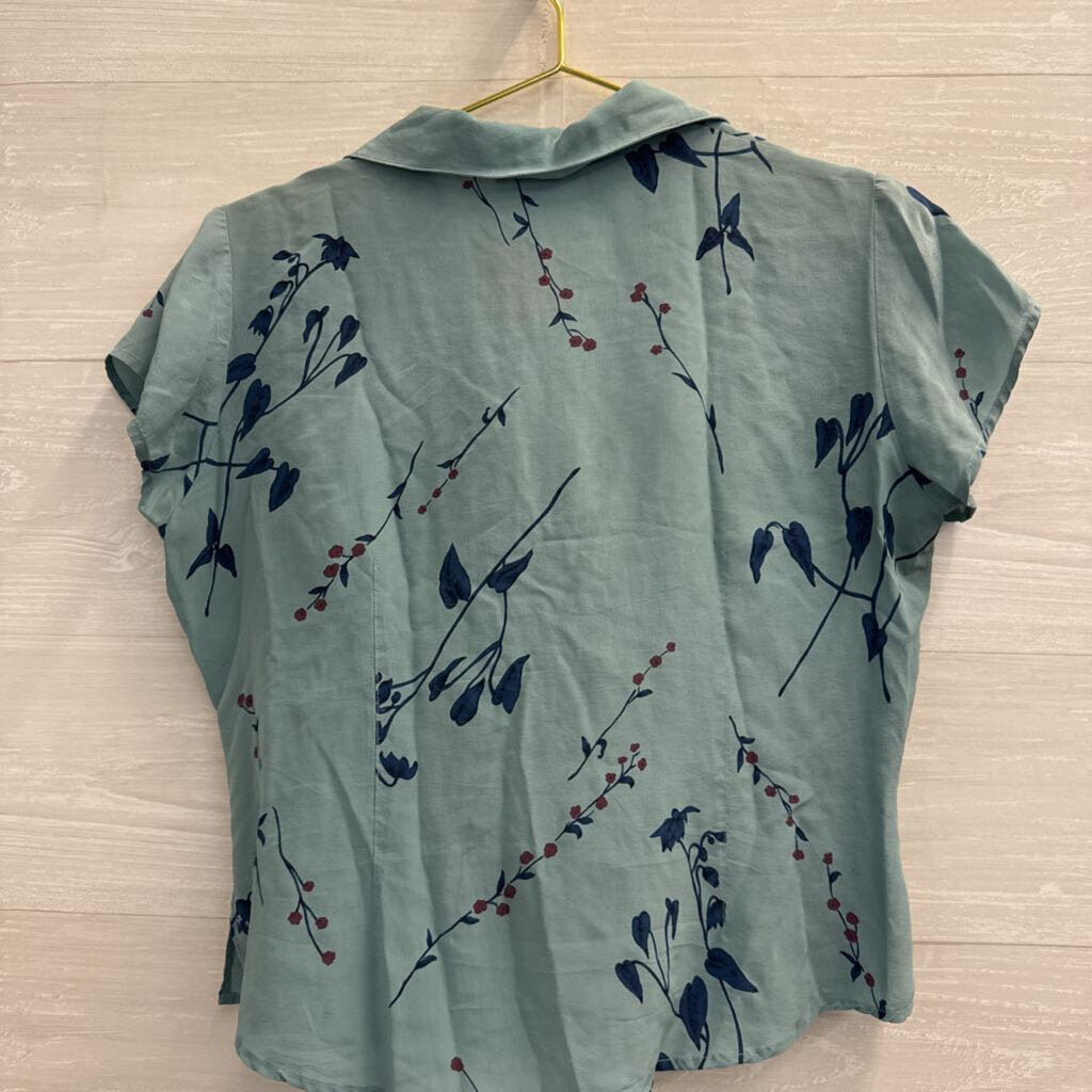 Vintage Tess Blue Print Short Sleeve Button Front Top 8 Petite