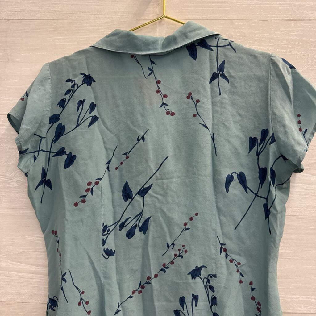 Vintage Tess Blue Print Short Sleeve Button Front Top 8 Petite