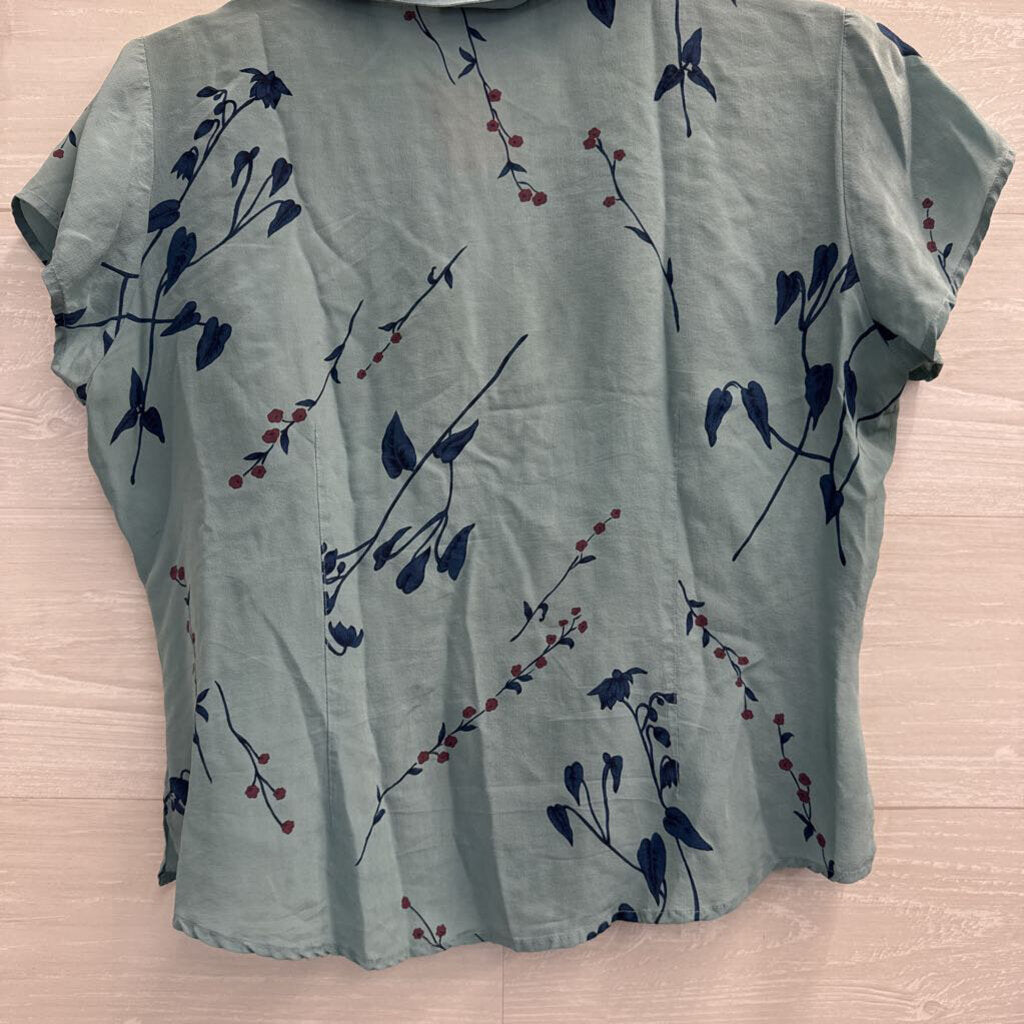 Vintage Tess Blue Print Short Sleeve Button Front Top 8 Petite