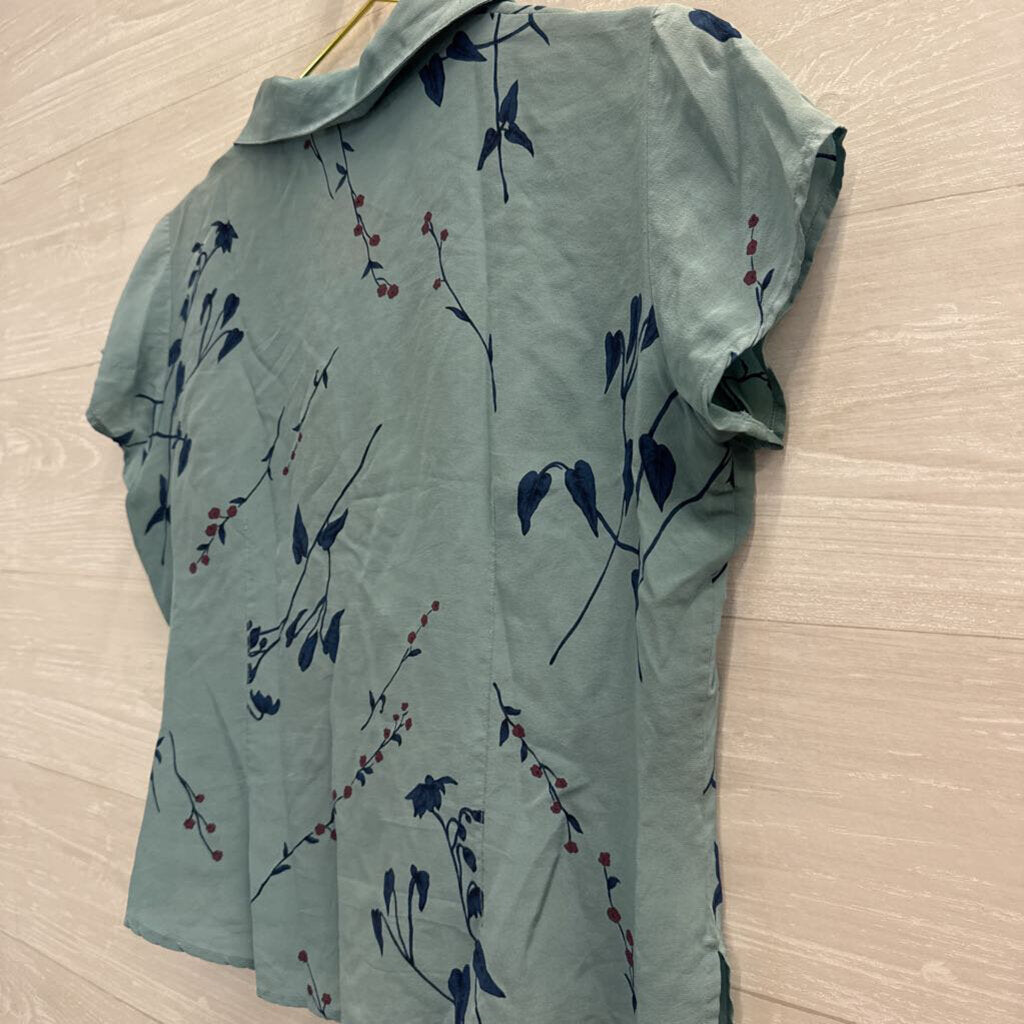 Vintage Tess Blue Print Short Sleeve Button Front Top 8 Petite