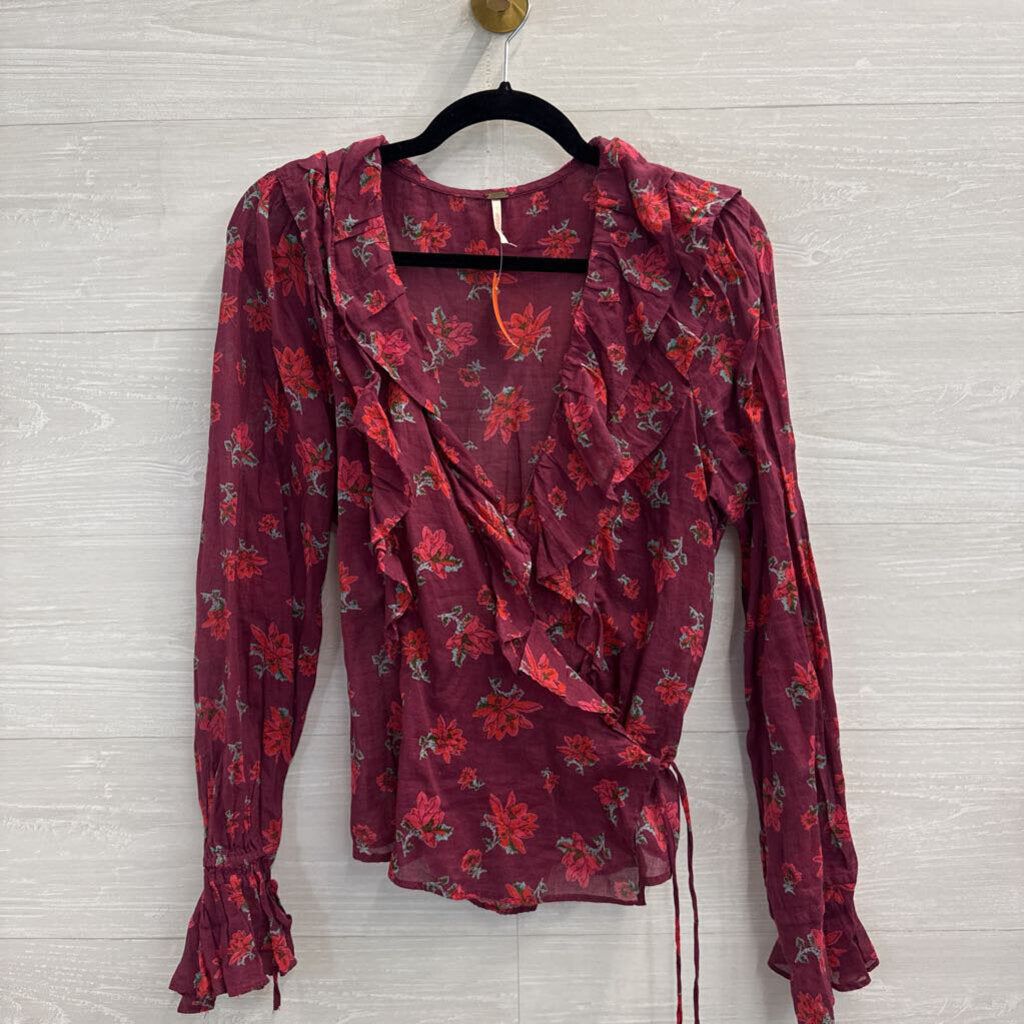 Free People Burgundy Floral Print Long Sleeve Wrap Top Large