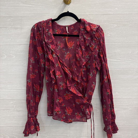 Free People Burgundy Floral Print Long Sleeve Wrap Top Large