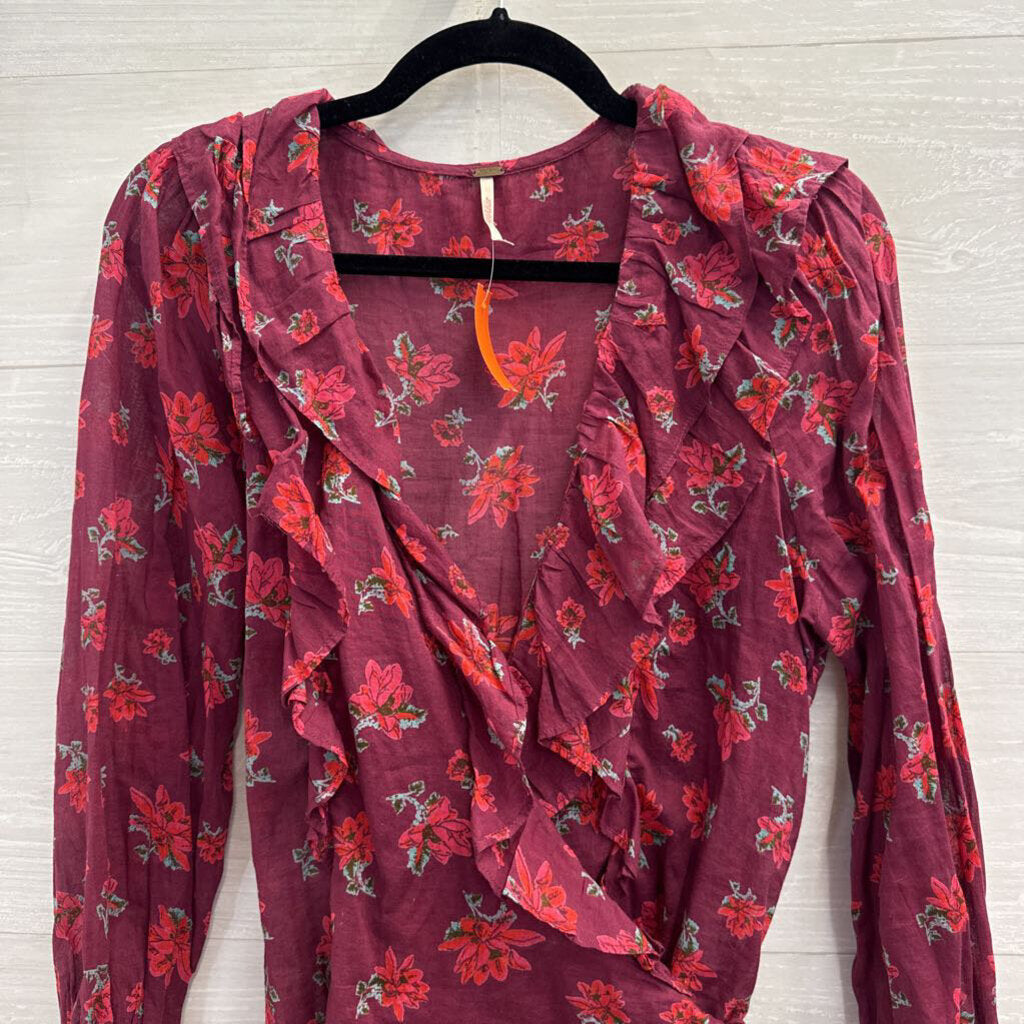 Free People Burgundy Floral Print Long Sleeve Wrap Top Large