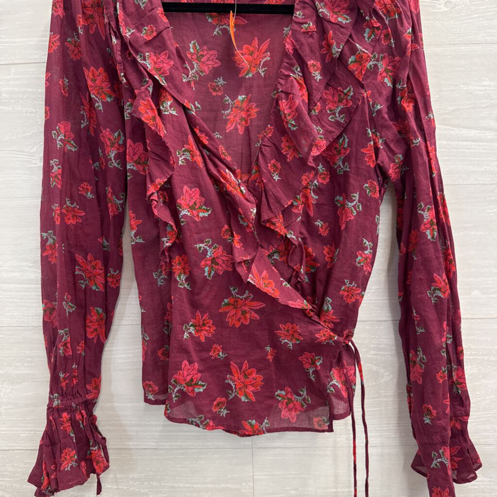 Free People Burgundy Floral Print Long Sleeve Wrap Top Large