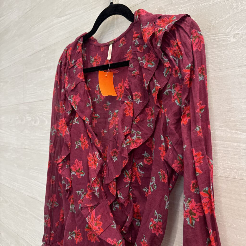 Free People Burgundy Floral Print Long Sleeve Wrap Top Large