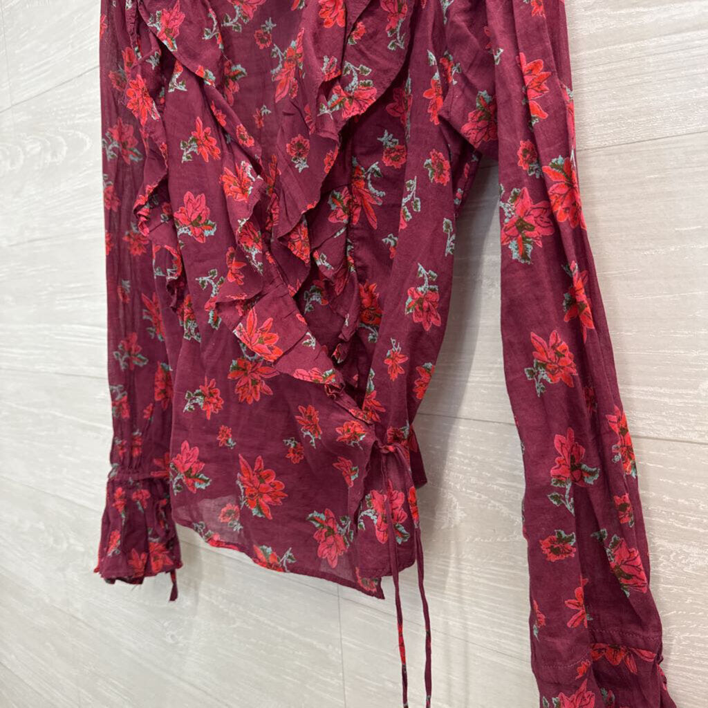 Free People Burgundy Floral Print Long Sleeve Wrap Top Large