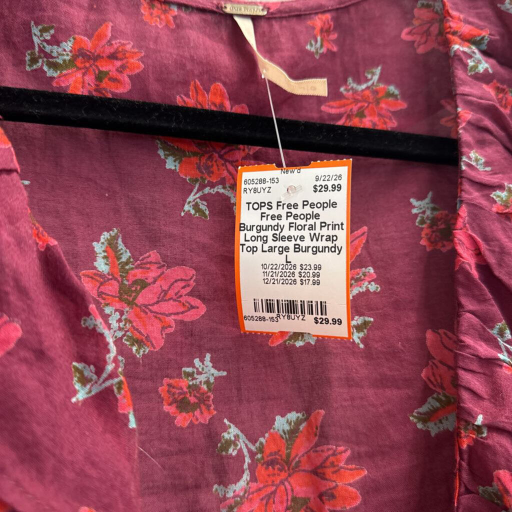 Free People Burgundy Floral Print Long Sleeve Wrap Top Large