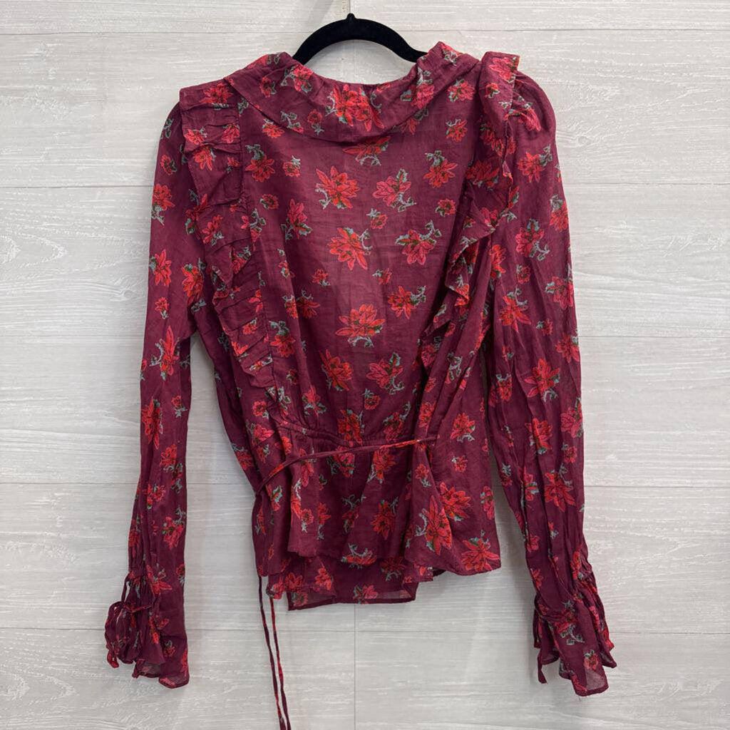 Free People Burgundy Floral Print Long Sleeve Wrap Top Large