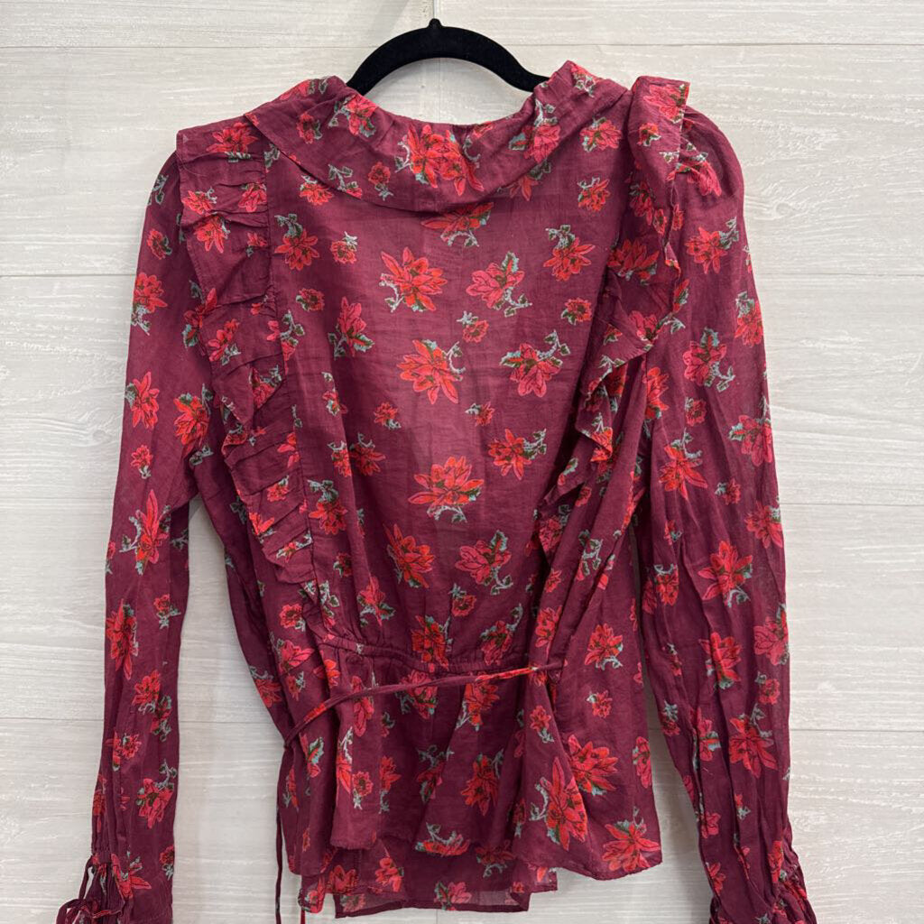 Free People Burgundy Floral Print Long Sleeve Wrap Top Large