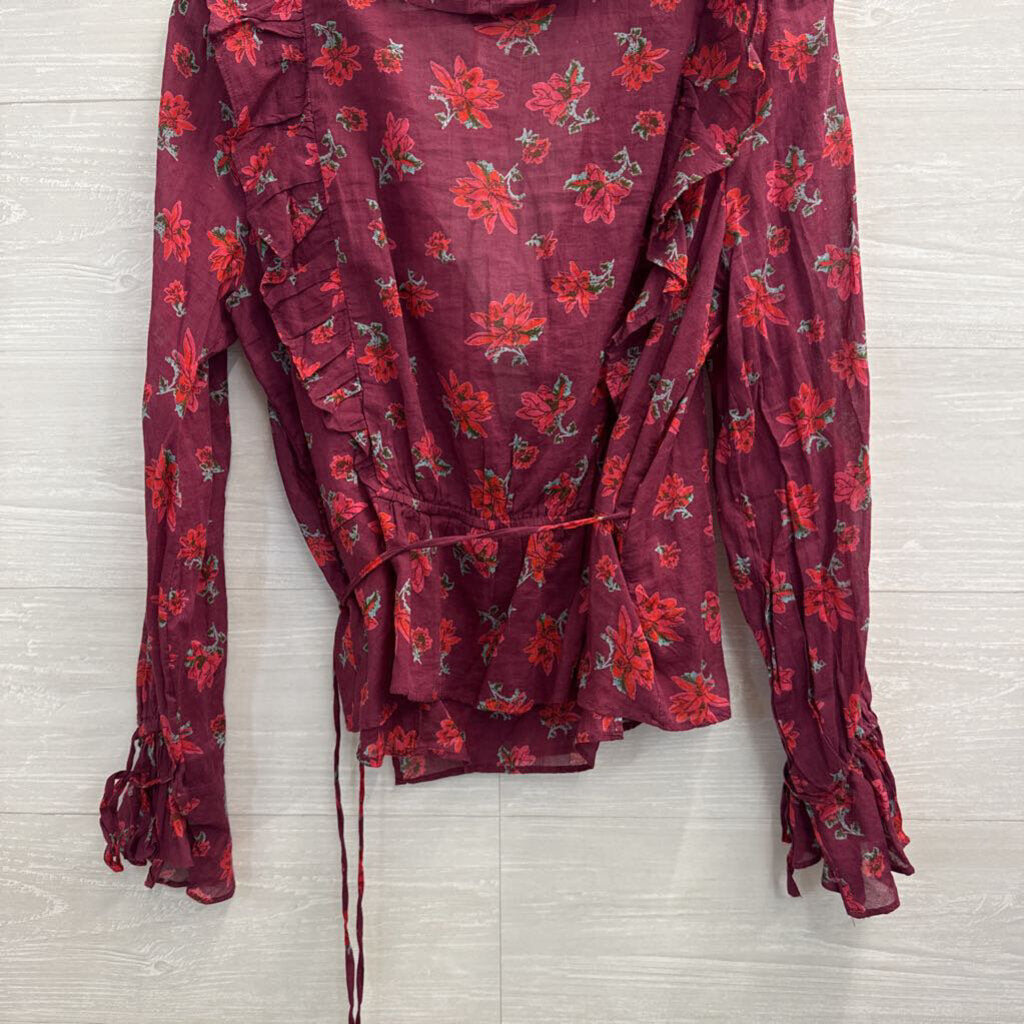 Free People Burgundy Floral Print Long Sleeve Wrap Top Large