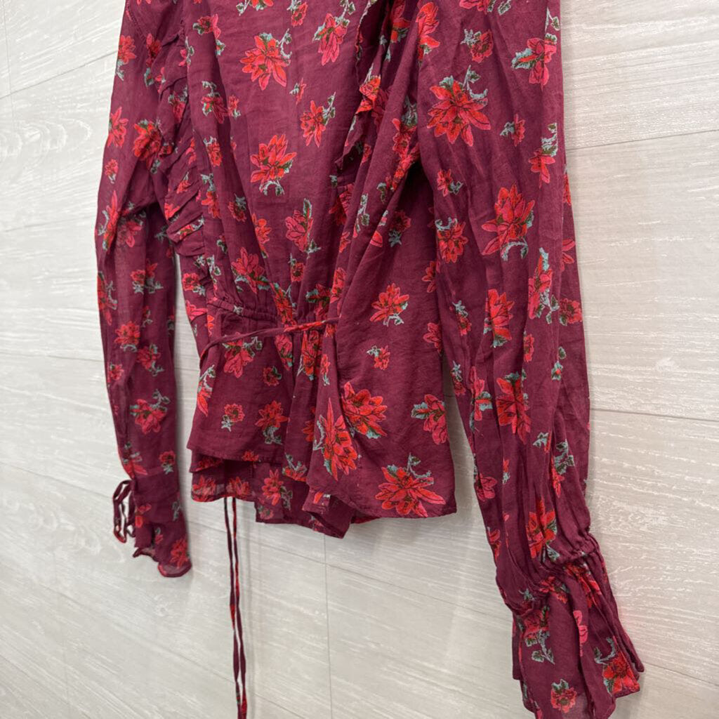 Free People Burgundy Floral Print Long Sleeve Wrap Top Large