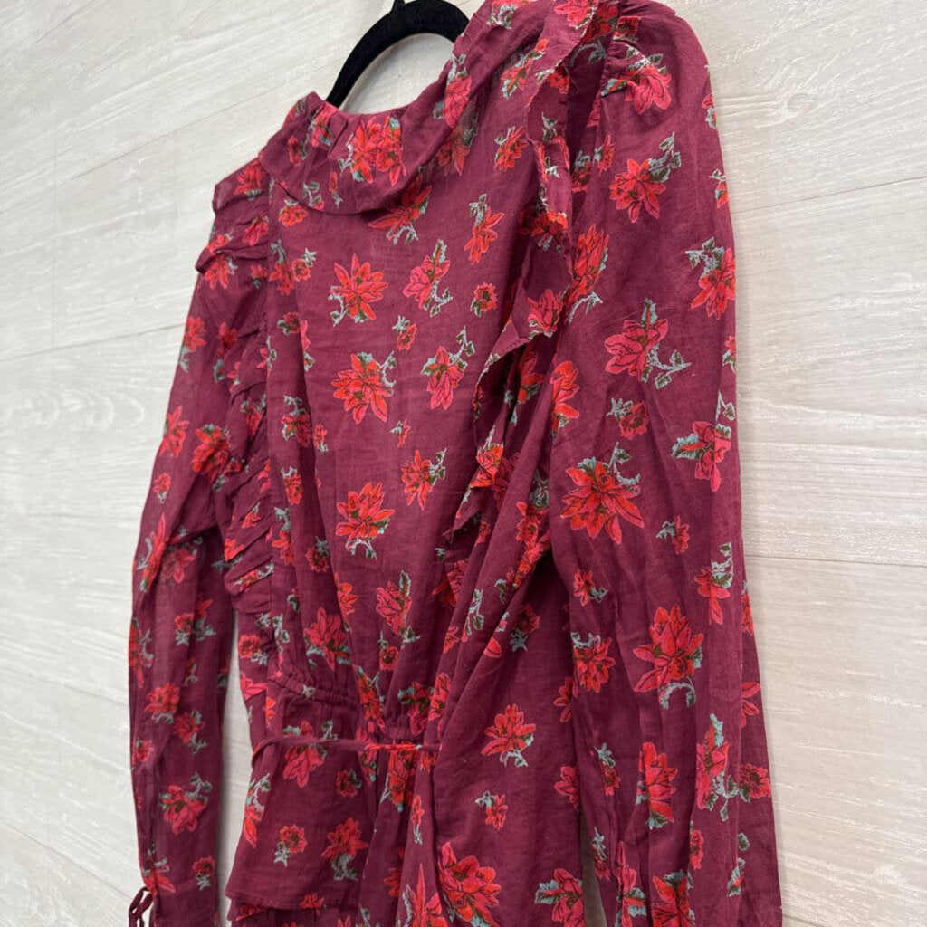 Free People Burgundy Floral Print Long Sleeve Wrap Top Large