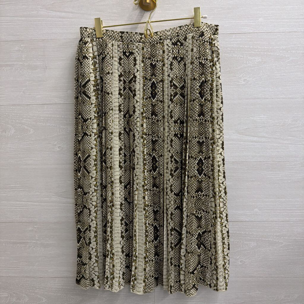 WD NY Cream/ Green Snakeskin Print Pleated Midi Skirt Medium