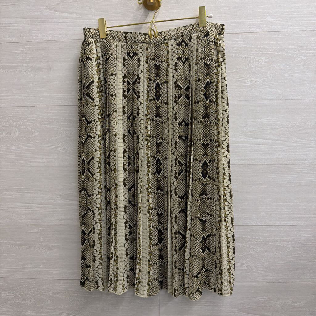 WD NY Cream/ Green Snakeskin Print Pleated Midi Skirt Medium
