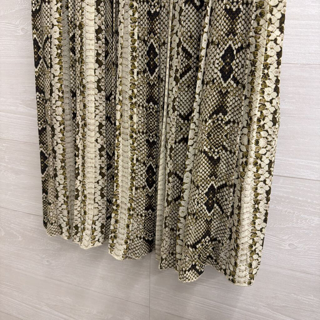WD NY Cream/ Green Snakeskin Print Pleated Midi Skirt Medium