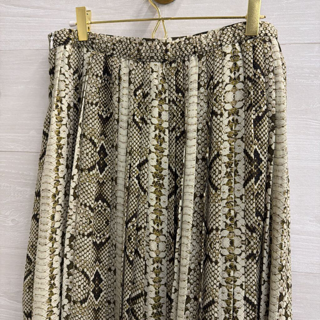 WD NY Cream/ Green Snakeskin Print Pleated Midi Skirt Medium