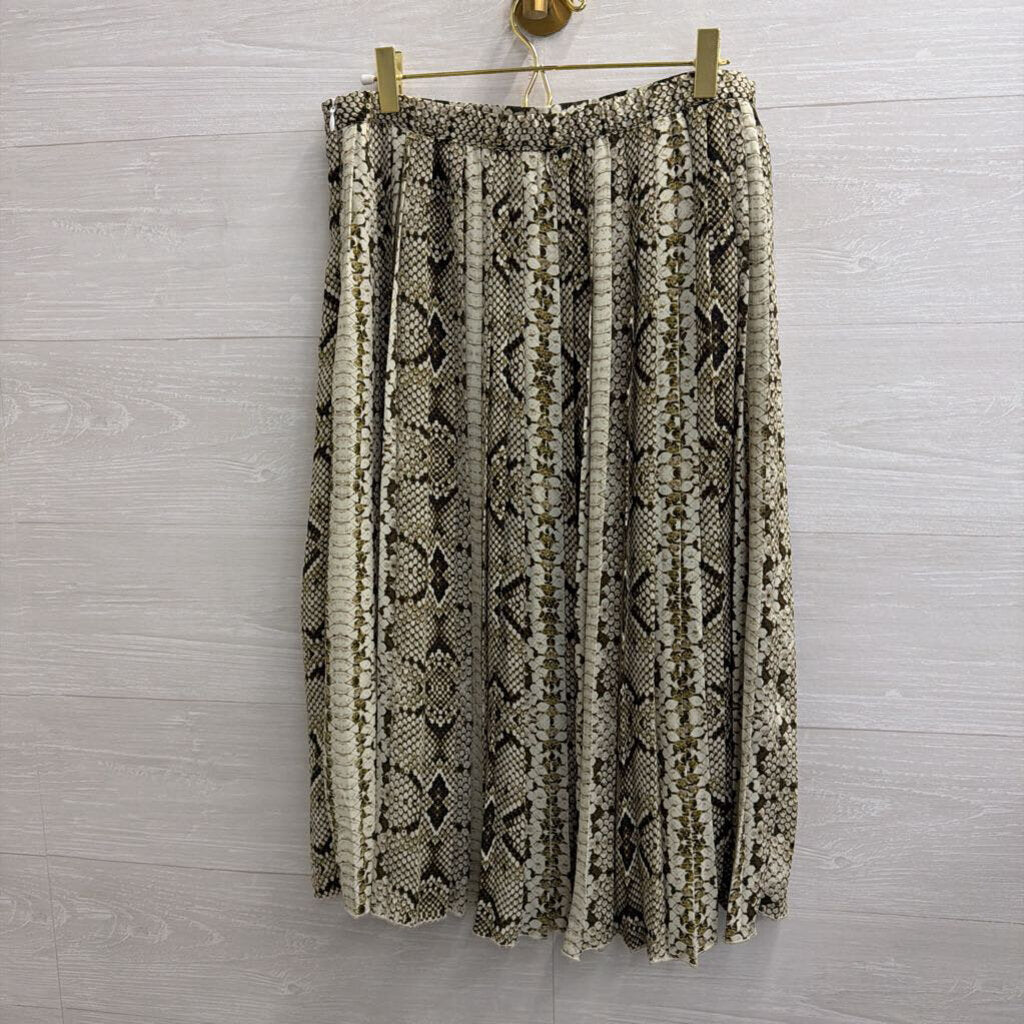 WD NY Cream/ Green Snakeskin Print Pleated Midi Skirt Medium