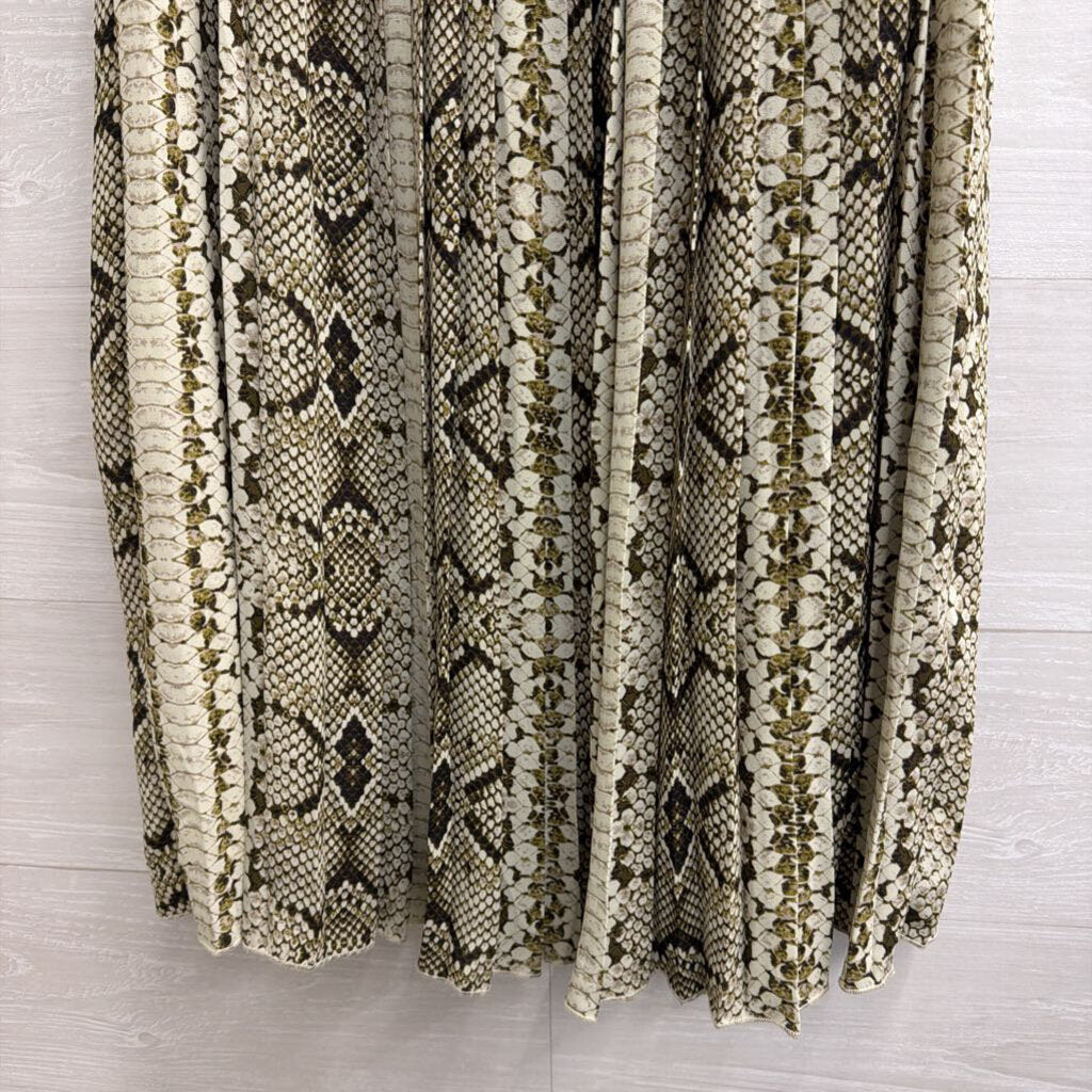 WD NY Cream/ Green Snakeskin Print Pleated Midi Skirt Medium