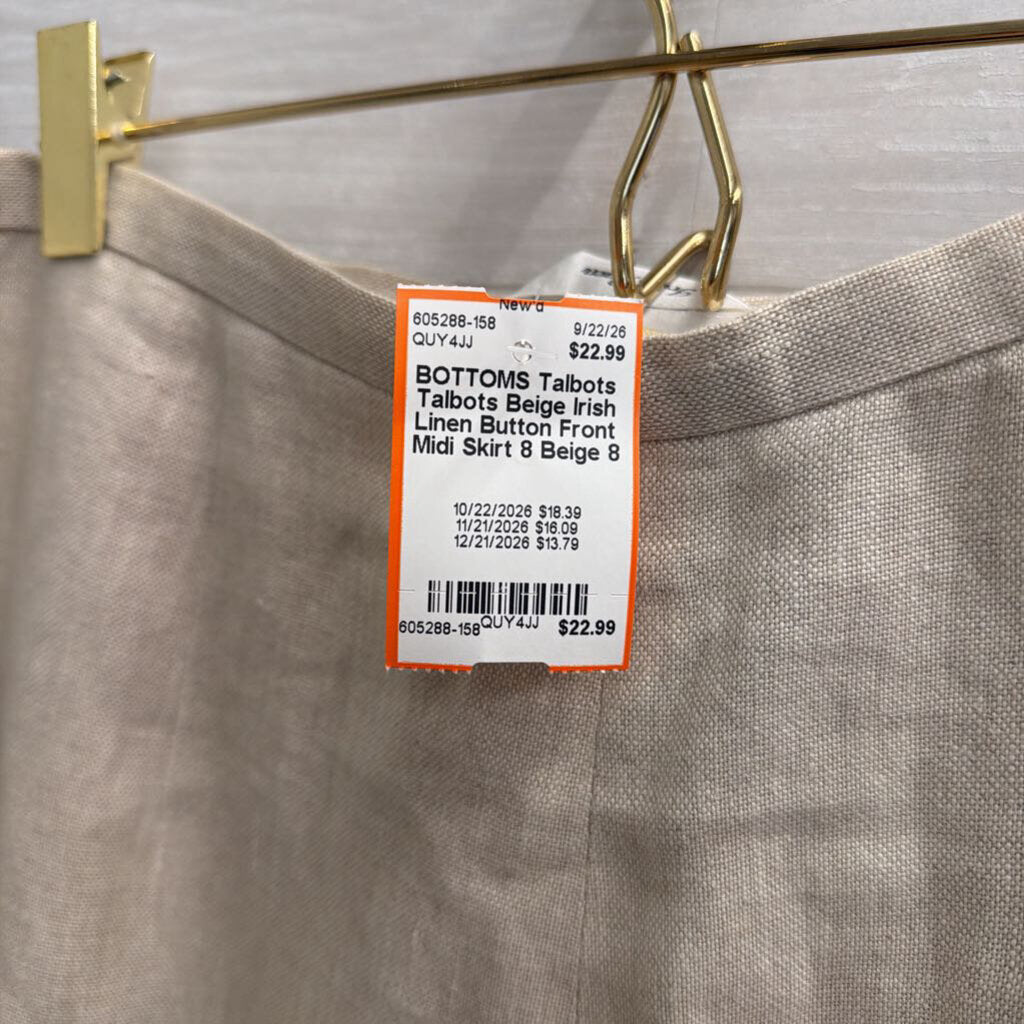 Talbots Beige Irish Linen Button Front Midi Skirt 8