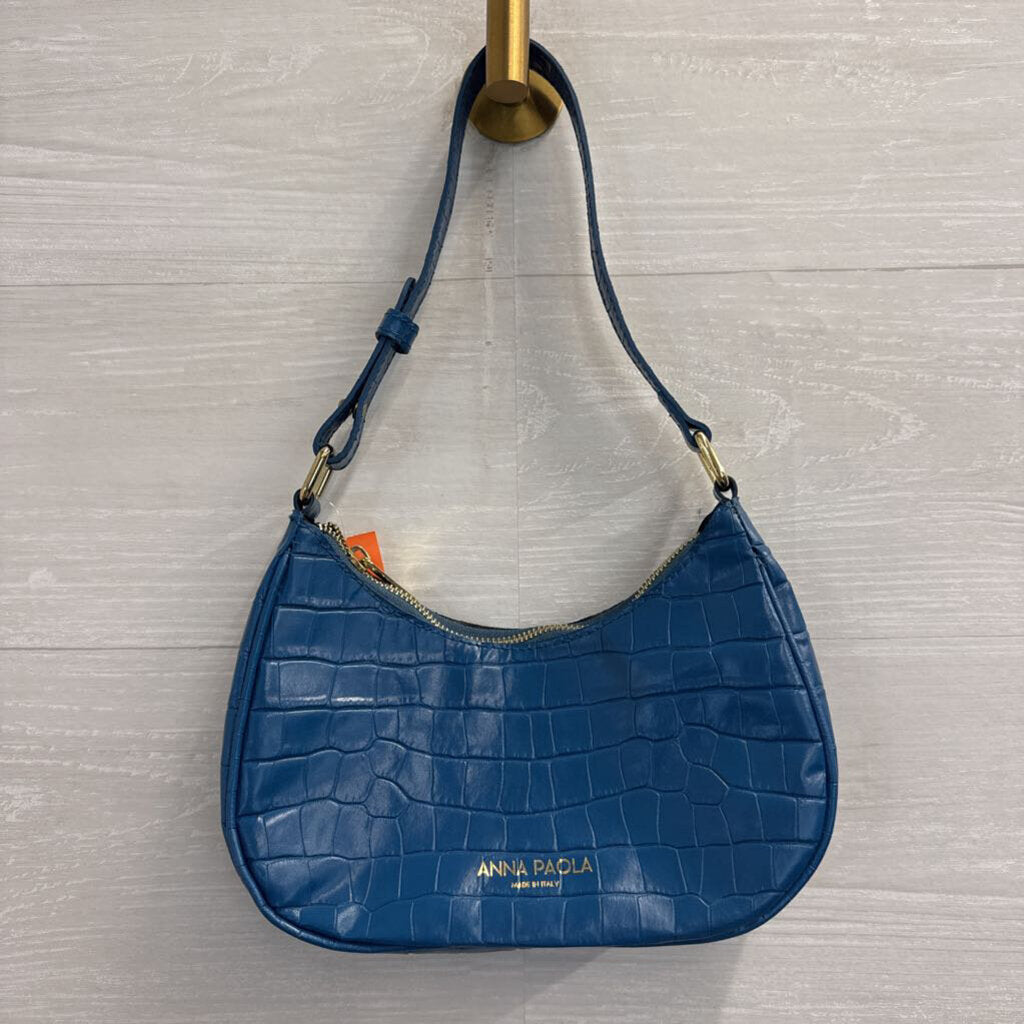Anna Paola Blue Croc Embossed Leather Shoulder Purse