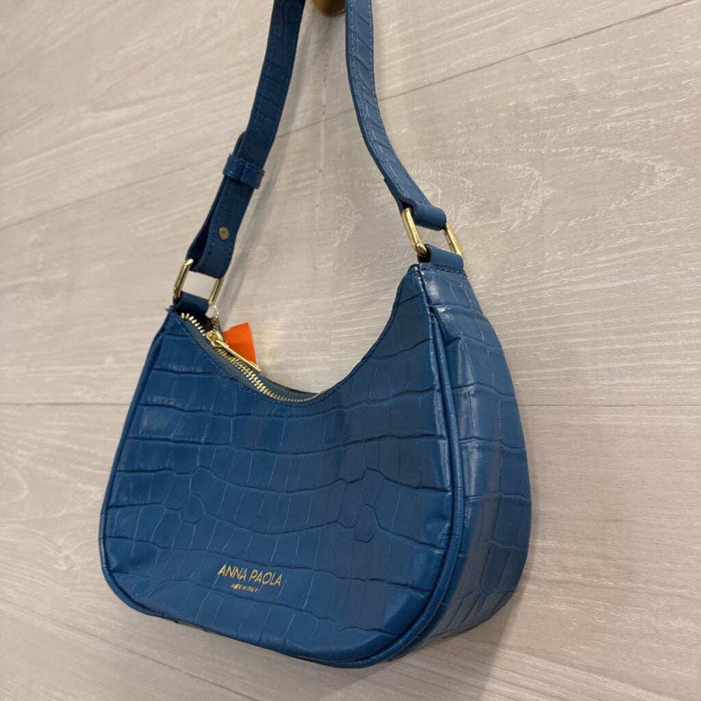 Anna Paola Blue Croc Embossed Leather Shoulder Purse
