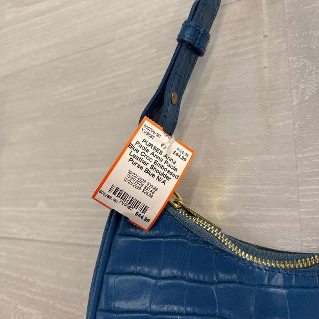 Anna Paola Blue Croc Embossed Leather Shoulder Purse