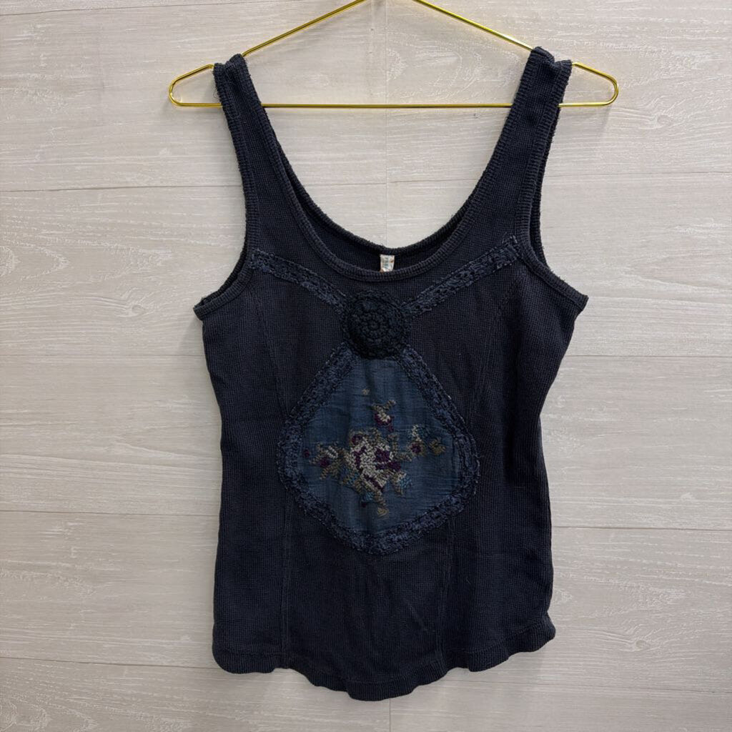 Free People Blue Embroidered Tank Top Large