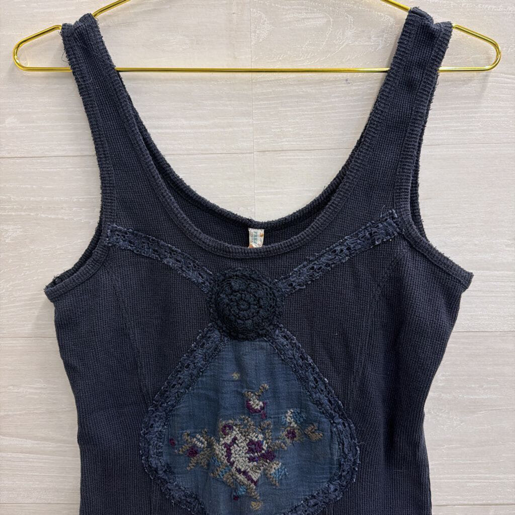 Free People Blue Embroidered Tank Top Large
