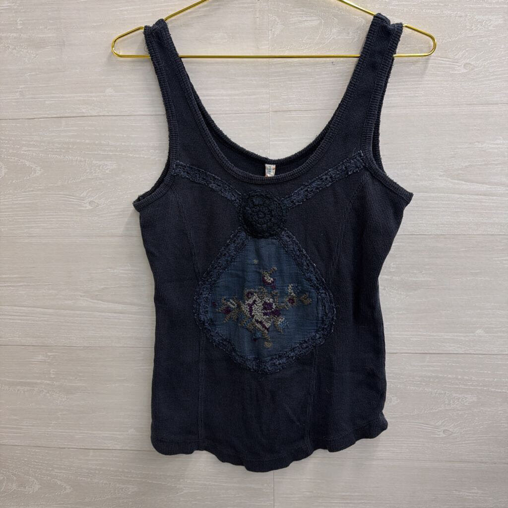 Free People Blue Embroidered Tank Top Large